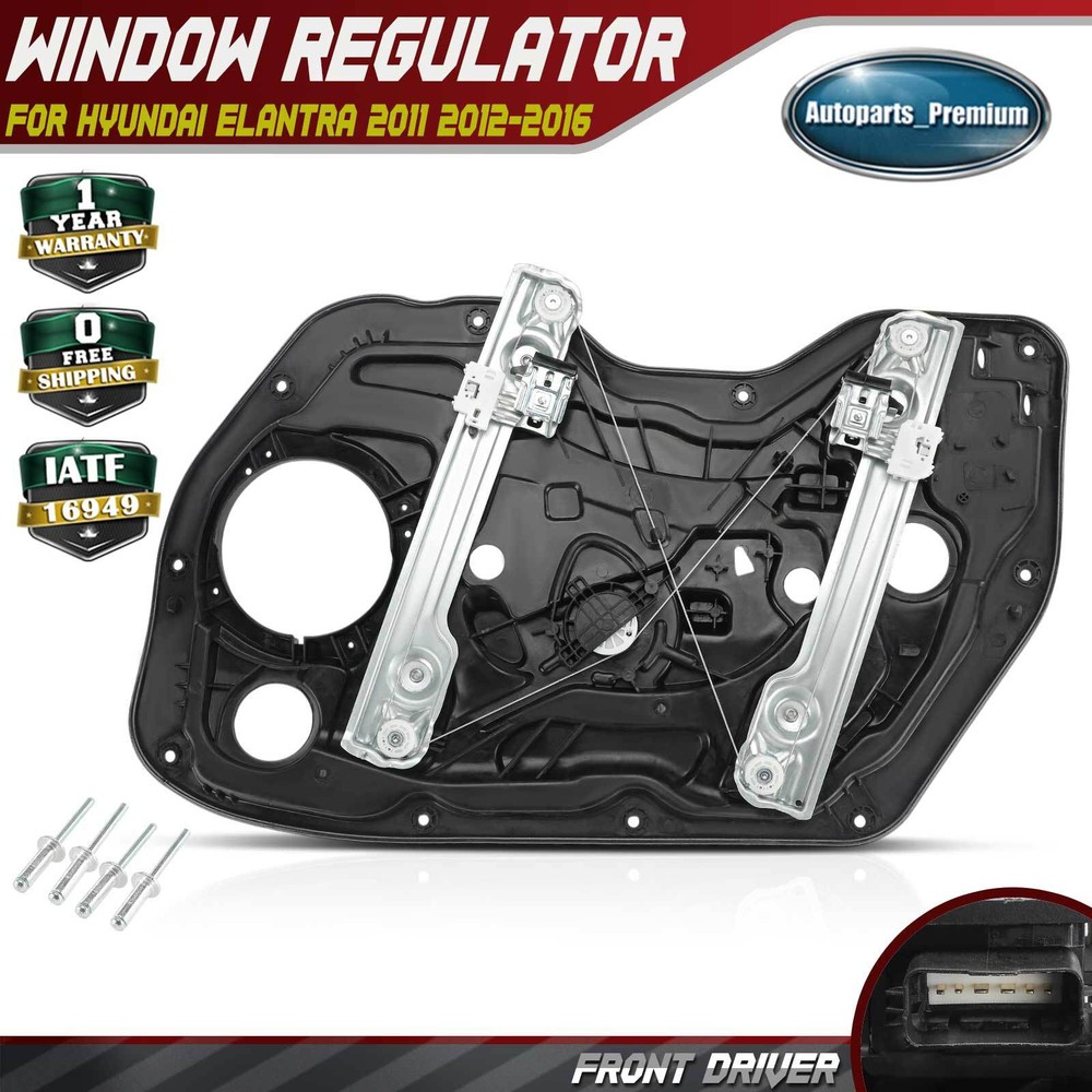 Front Left Power Window Regulator w/ Panel & 6-Blade Motor for Hyundai Elantra
