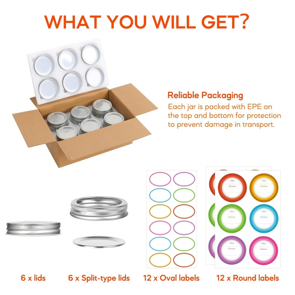 6 Pack Small Mason Jars 8 oz, Half Pint Canning Jars, 6 Split-Type Lids and E...