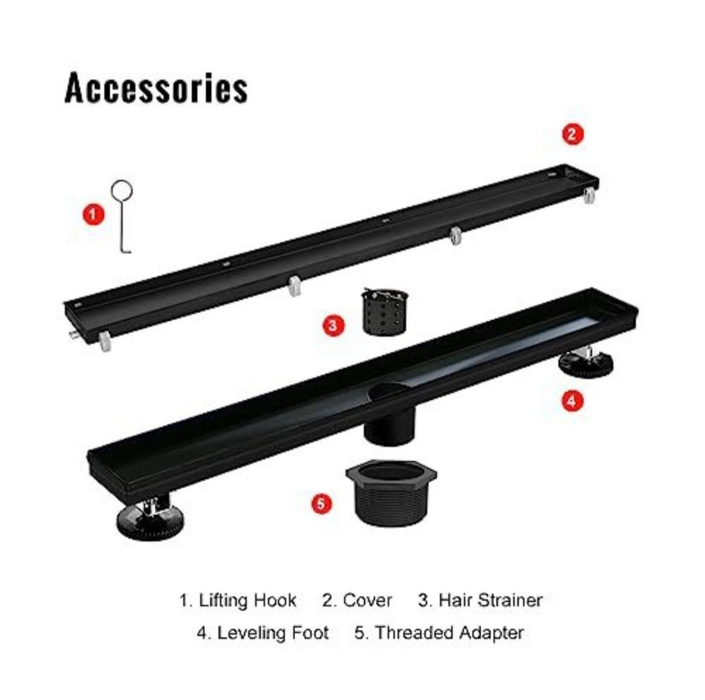 SaniteModar 48″ Black Linear Shower Drain Flat & Tile Insert w/ Hair Strainer