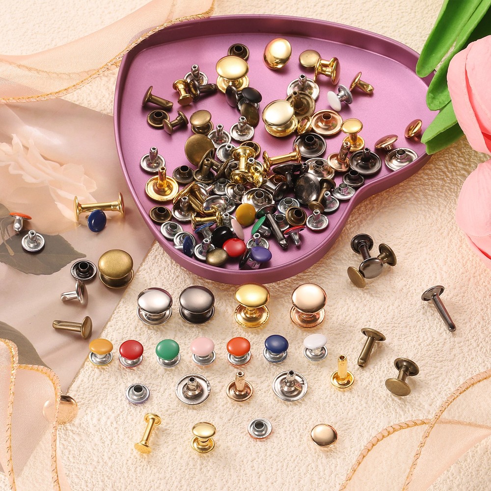 50 Sets Leather Rivets, 9mm Double Cap Rivets 12mm Height Tubular Studs, Gold