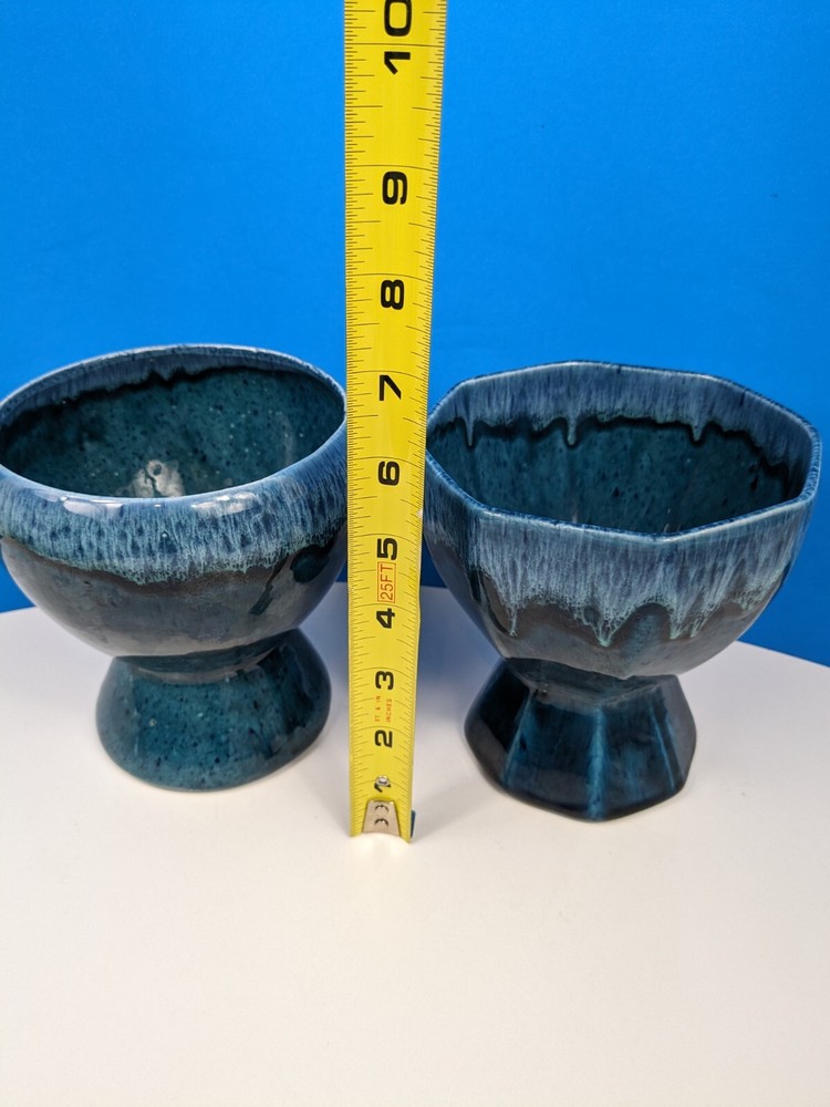 Blue Drizzle Planter Art Pottery Holders Stonewashed Glazed Pedestal Pair