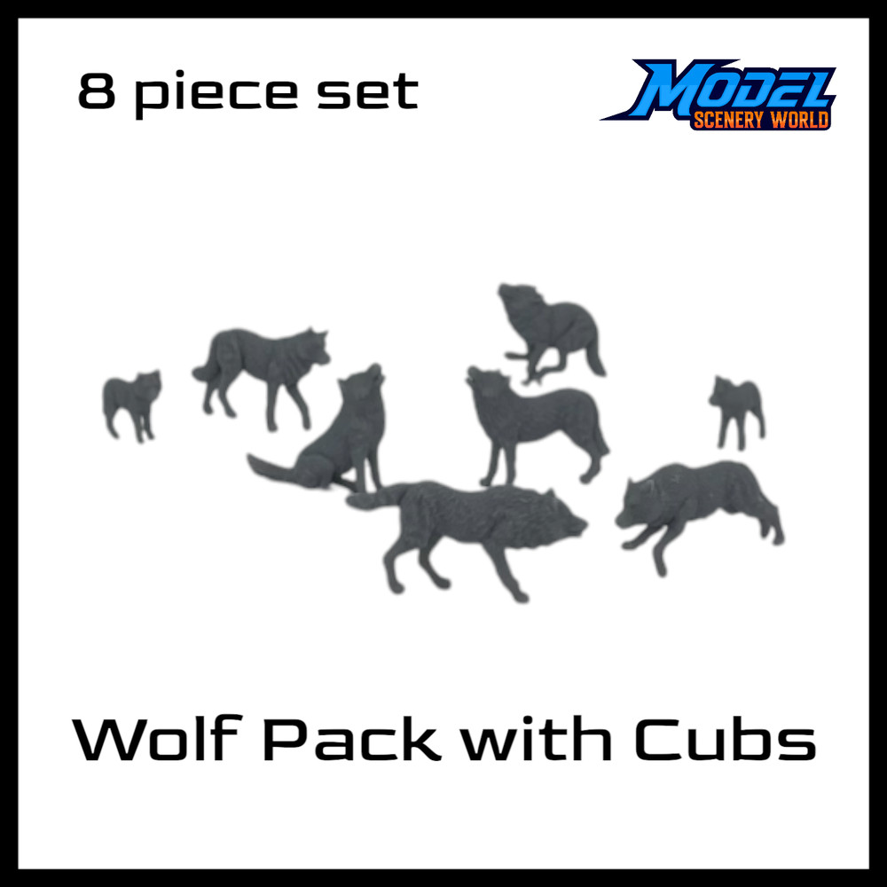 Wolf Pack with Cubs (8pcs) - O Scale 1:48 - Gray