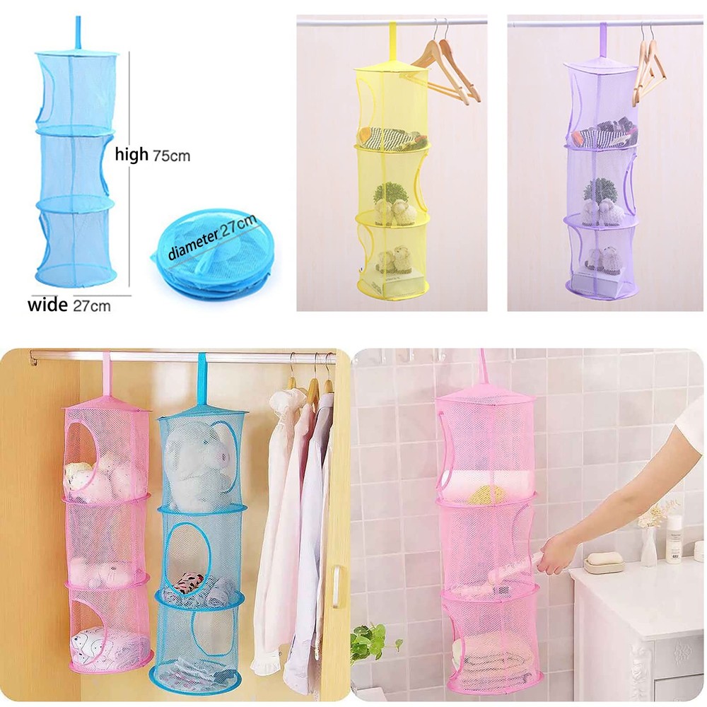 Mesh Hanging Storage Basket With 3 Compartments Foldable Hanging Storage Orga...