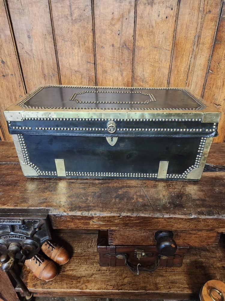 Antique Black Brass Rivetted Wooden Solid Trunk.