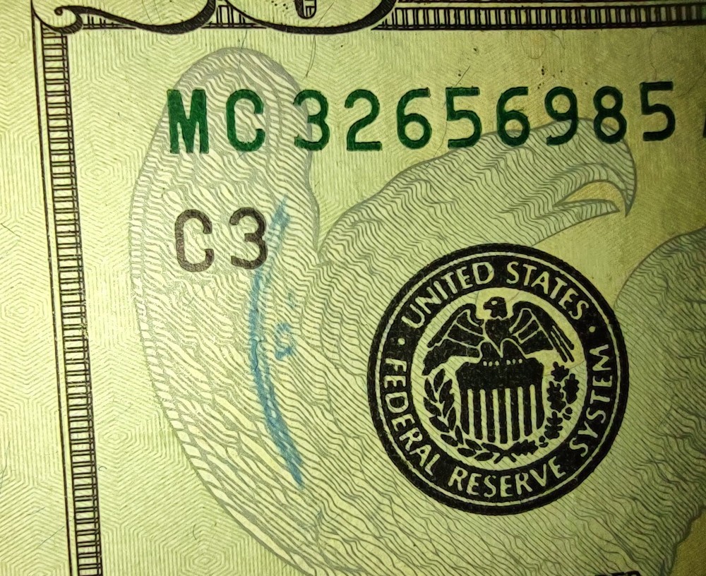 TWENTY DOLLAR FRN WITH UNUSUAL PRINTING ERROR.