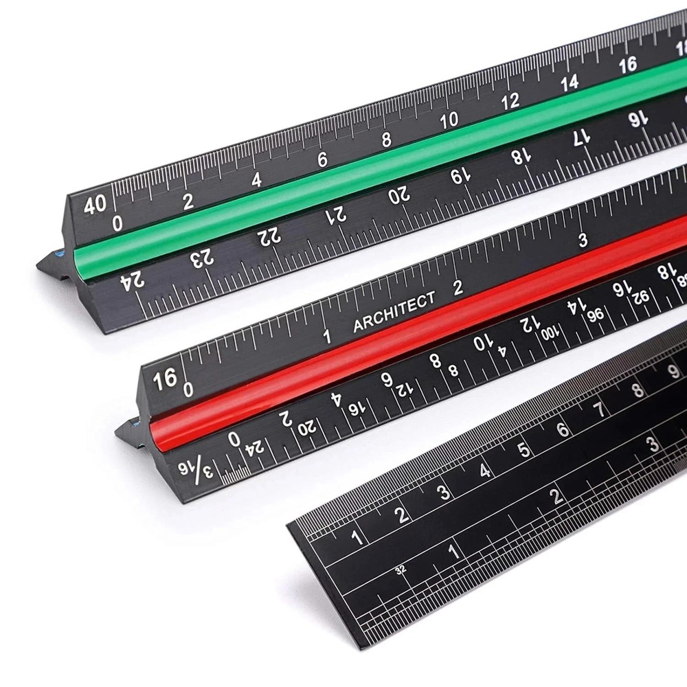 3 Pack 12 Inch Solid Aluminum Triangular Architect Scale Ruler Set, 3-Colo