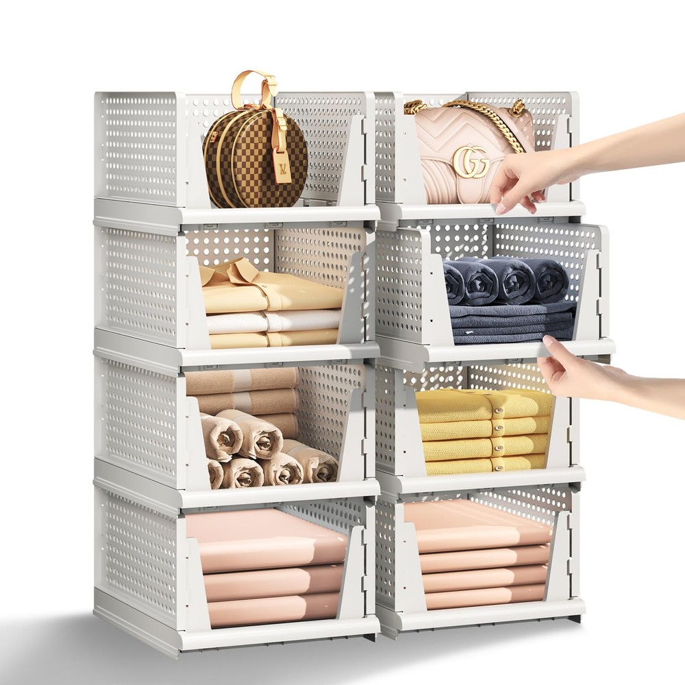 5 Packs Stackable Plastic Storage Basket for Closet Foldable Closet Organizer...