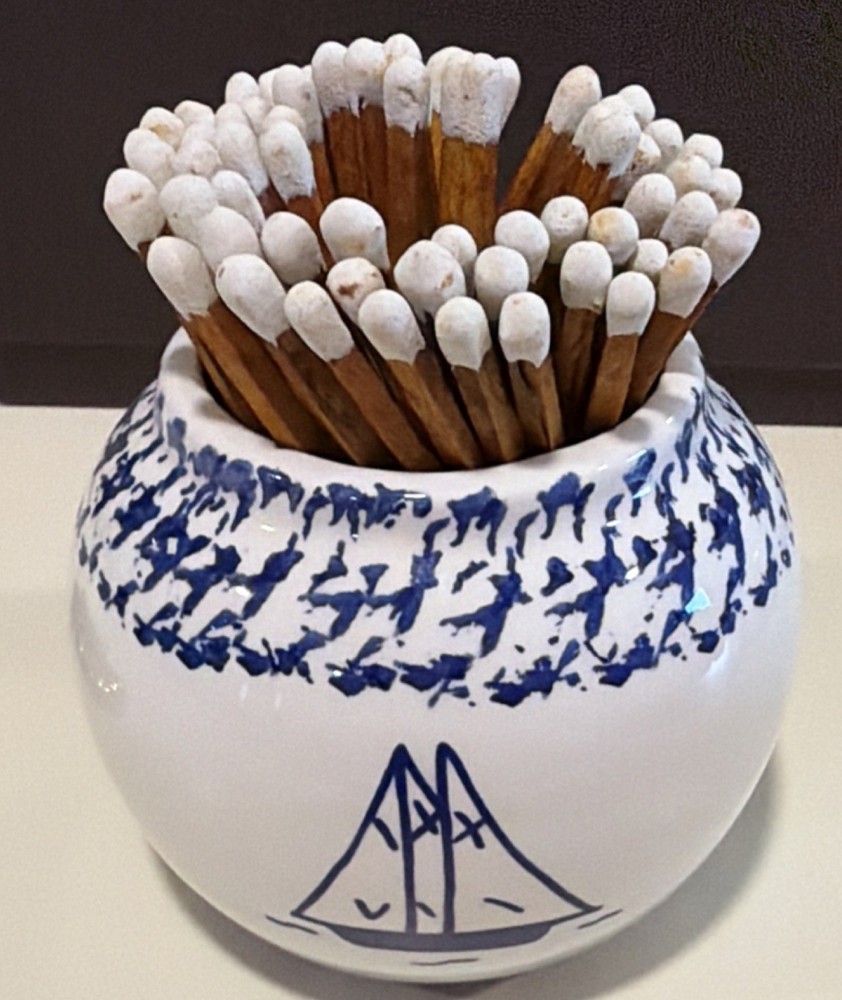 Ceramic Match Holder Blue Sailboat Decorative Design Striker on Base