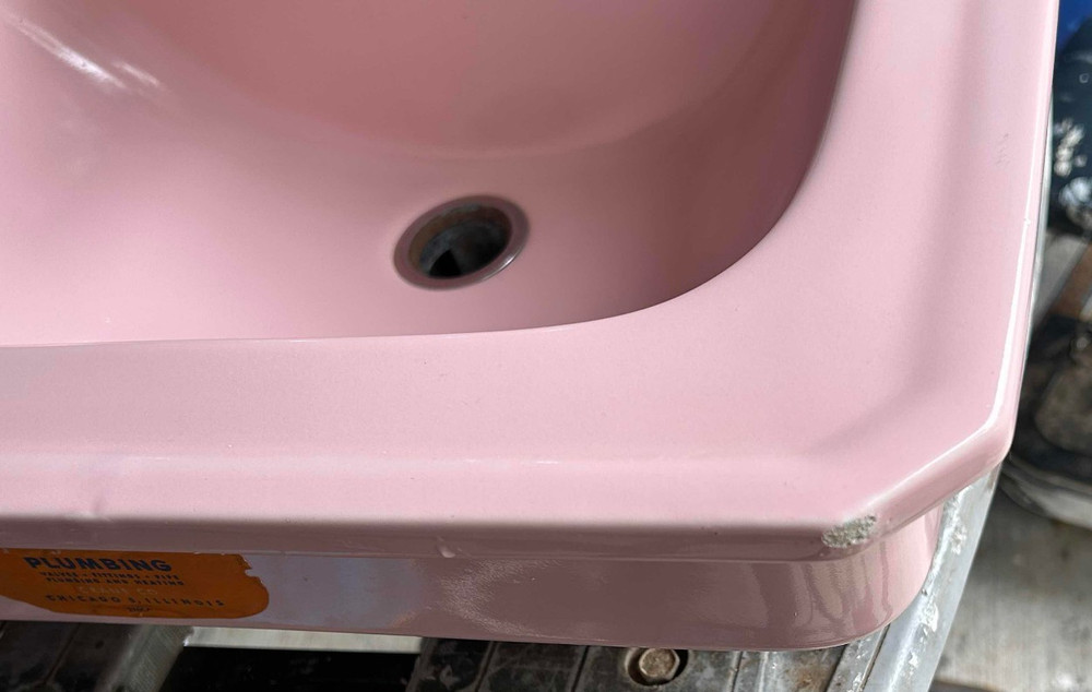 1954 Crane Pink Bathroom Sink - Drop-In - Atomic Chrome Knobs - Square Corners!