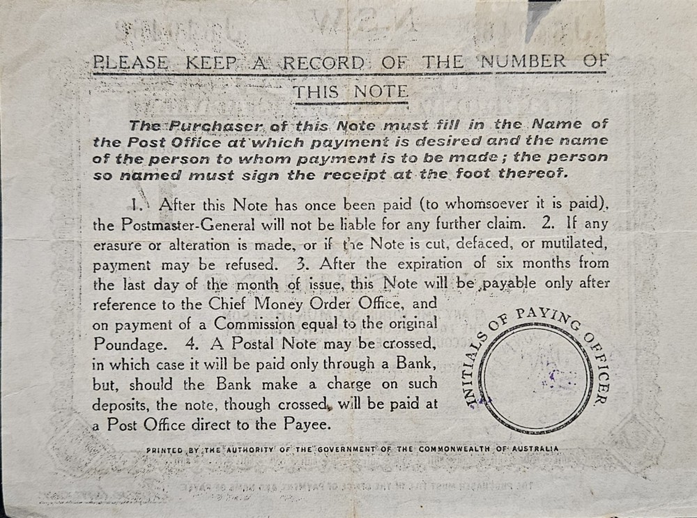 1953 Australian Postal Note One Shilling N.S.W.
