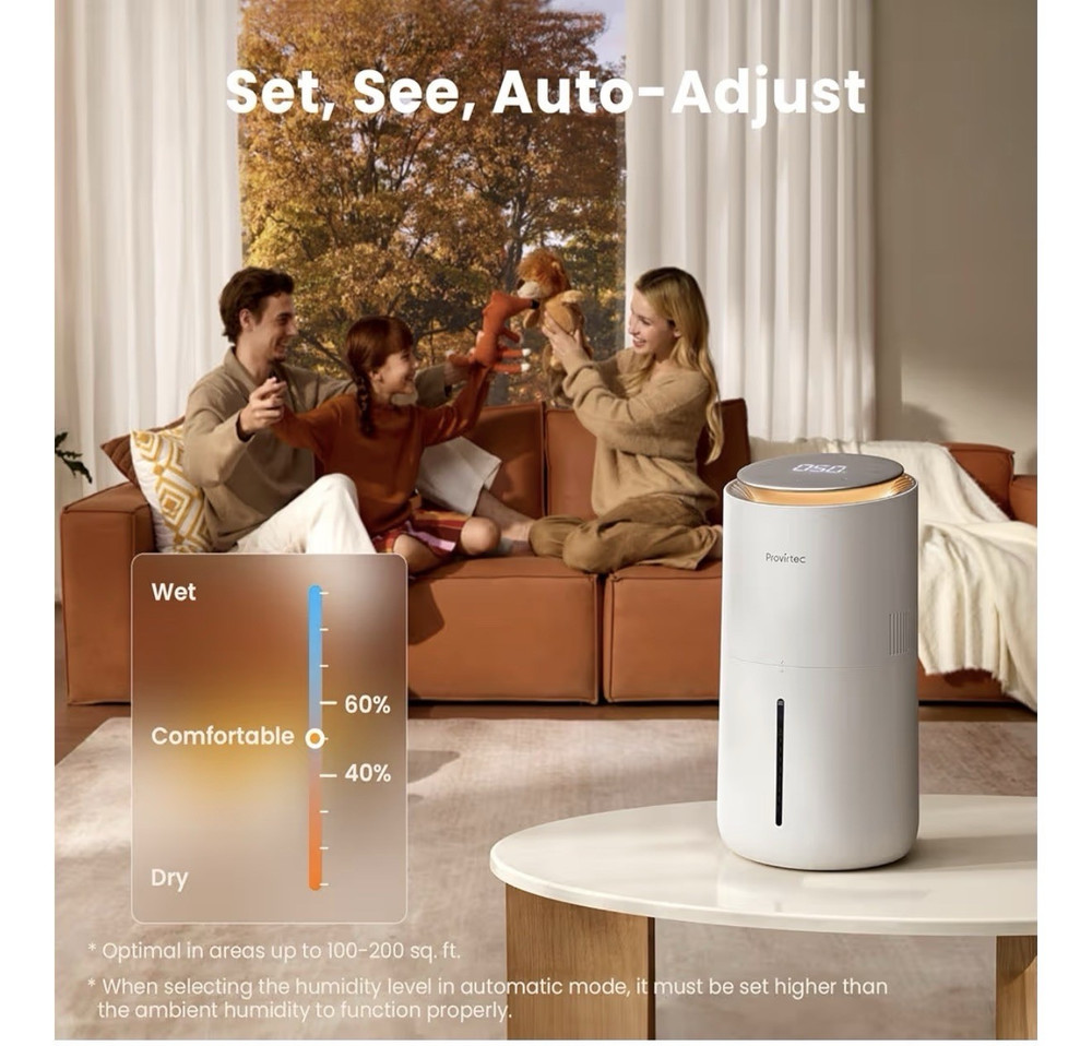 Provirtec Tabletop Evaporative Humidifier Auto-Adjust Sleep Mode White