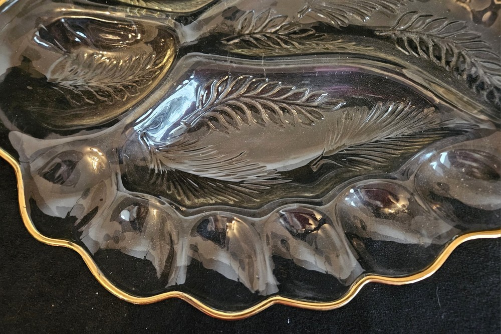 Vintage Divided Serving Tray Deviled Eggs Feather Pattern Clear w/ Gold Trim 17"