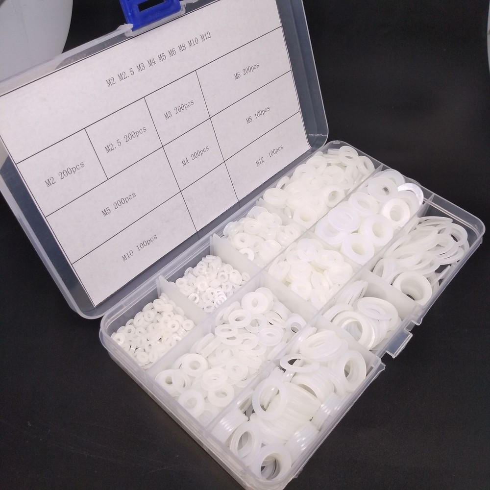 1500pcs White Nylon Flat Washers Assortment Kit