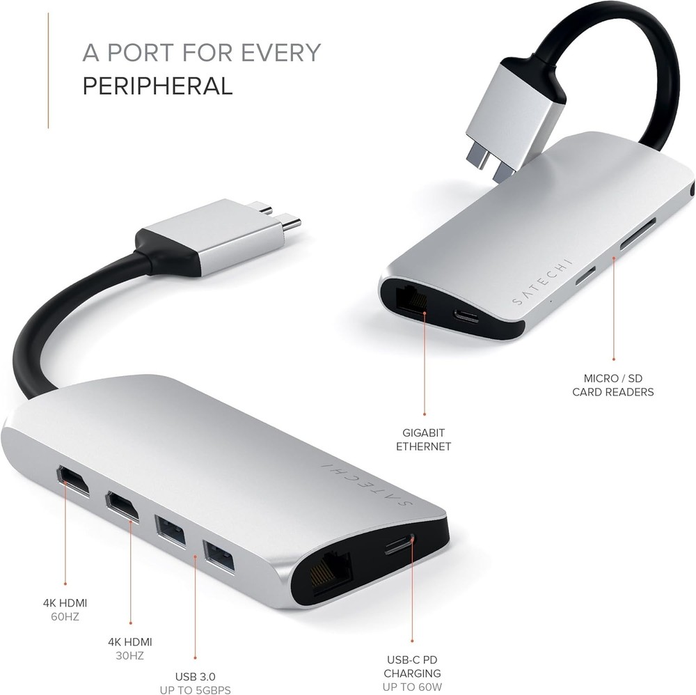 Satechi Type-C Dual Multimedia Adapter with Dual 4K HDMI, USB-C PD - Silver