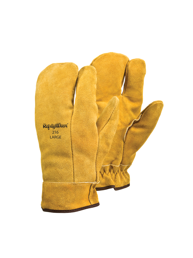 RefrigiWear Three Finger Split Cowhide Leather Mitten Gloves Gold