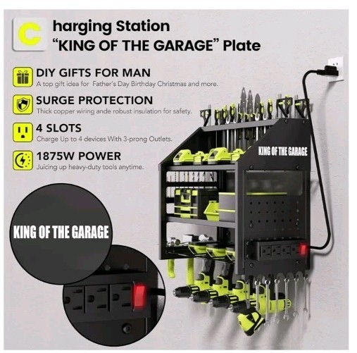 Power Tool Organizer Wall Mount with Charging Station, 4 Drill Holder with 4