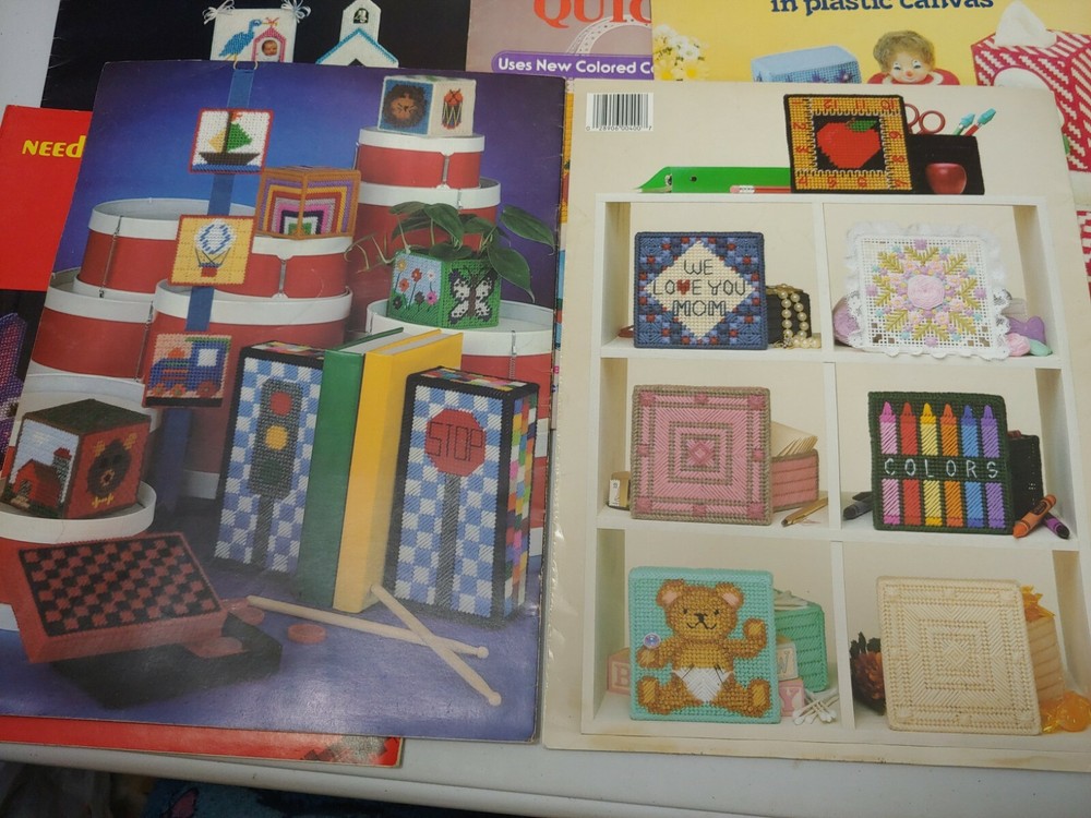 6 PLASTIC CANVAS leaflets MOBILE CHECKERS boxes picture frames tissue covers