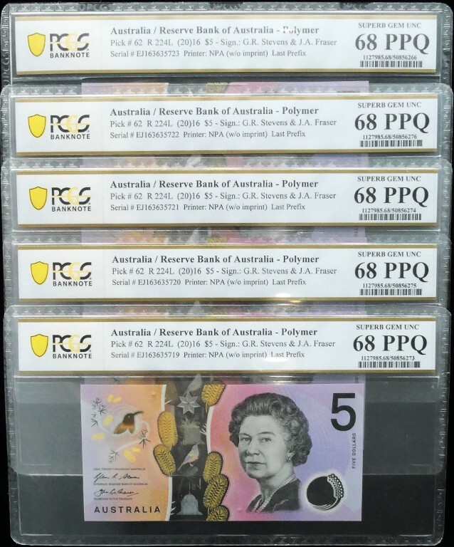 5 x Consecutives 2016 Last Prefix EJ16 $5 Notes PCGS SUPERB GEM UNC 68 PPQ #6266