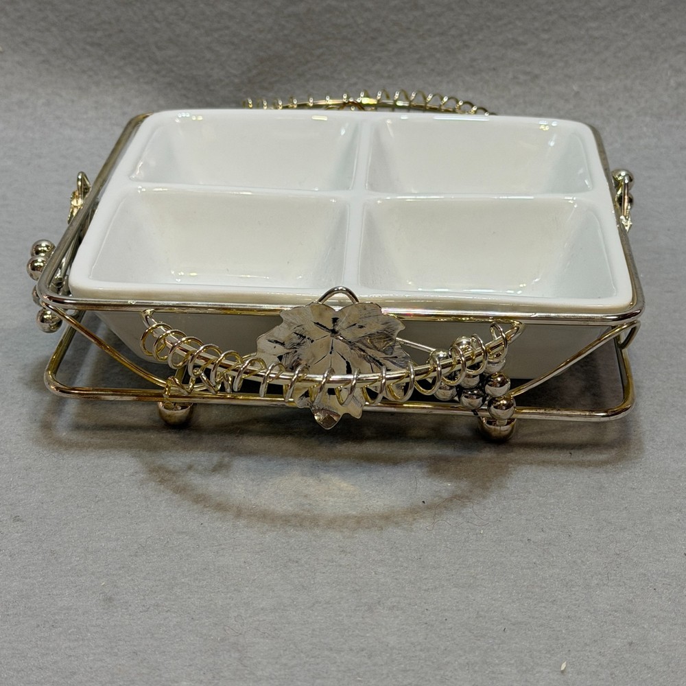 STUDIOSILVER Vintage Divided Ceramic Appetizer Dish Silver Metal Holder