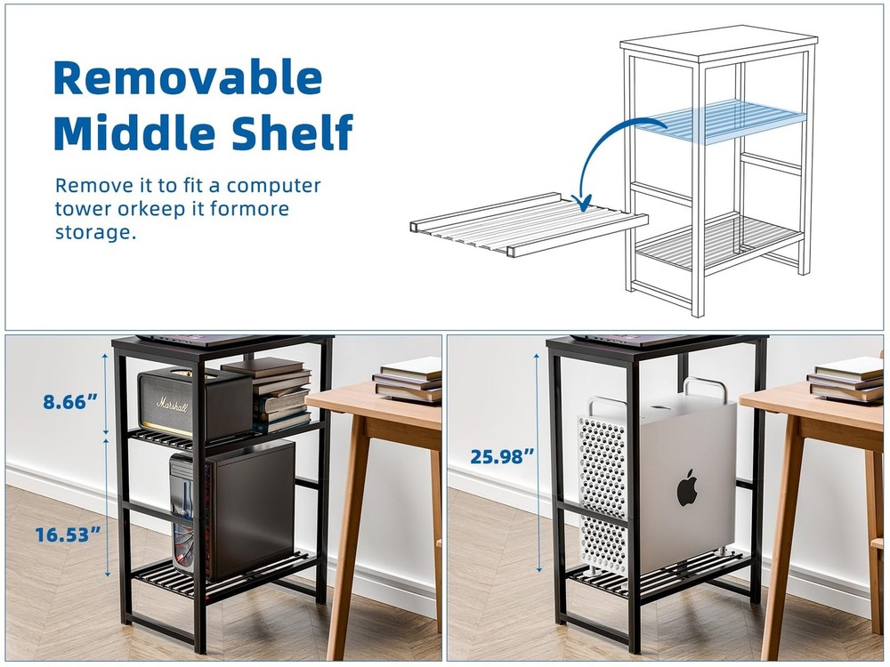 3 Tier Metal Printer Stand Shelf, Black Side Table for Printer, Fax Marchine
