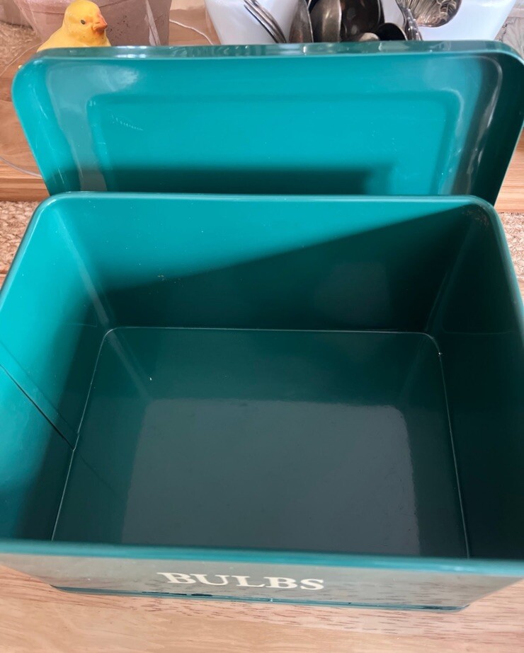 Green Enamelware Container Marked “Bulbs” Spring