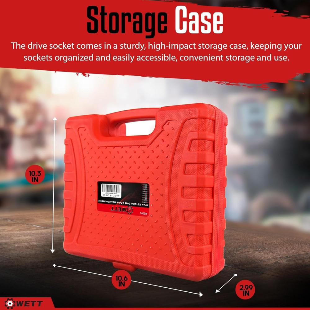 1/2" Drive Deep Large Impact Socket Set, 9-Piece Spindle Axle Nut Metric 6 Point