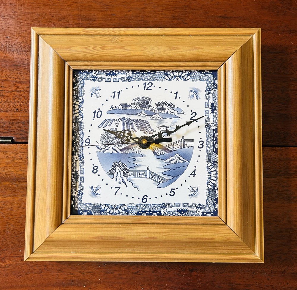 Vintage Blue & White Willow Pattern Ceramic Tile Wall Clock, Wooden Frame