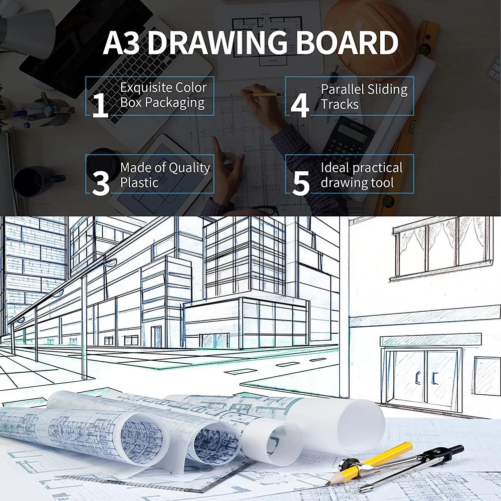 A3 Portable Drawing Board, Multi-Function Metric Drafting Table with Clear Rule