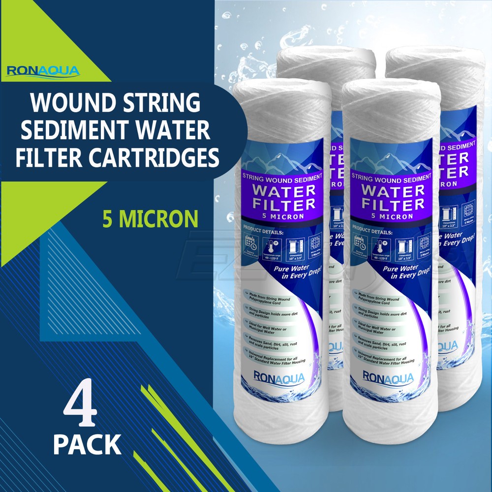 Wound String Sediment 5 Micron Water Filter Cartridge 2.5" x 10" 4 Pack