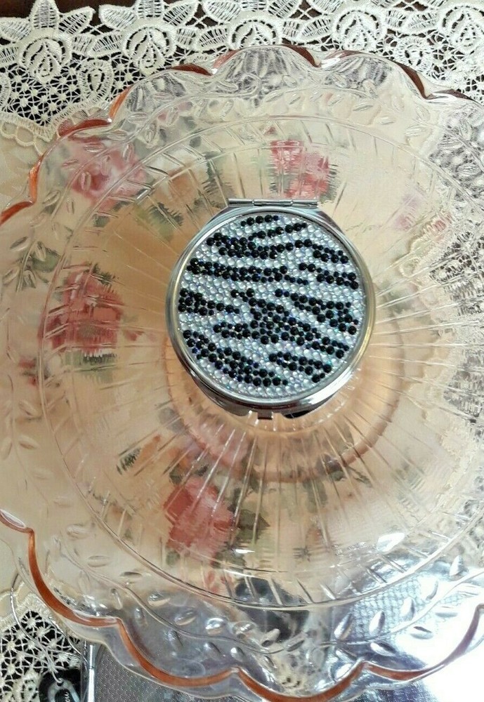 Black & Clear Crystal Rhinestone Gemstone Double Mirror Compact