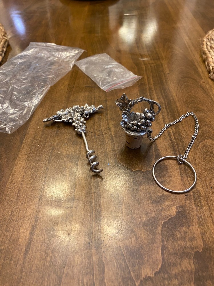 Never Used Pewter Wine Corkscrew and Stopper with Chain Grape Leaf