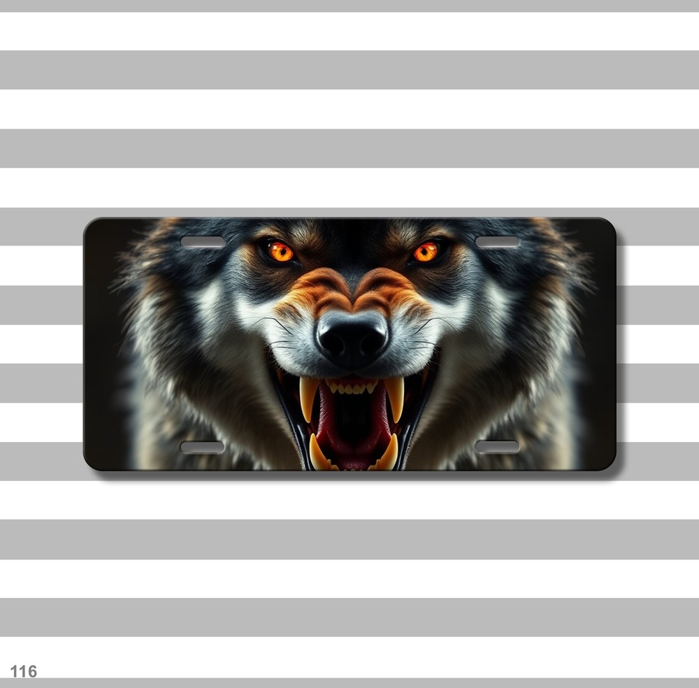 Realistic Wolf License Plate with Sharp Teeth Your Text Universal Fit Plate Holi