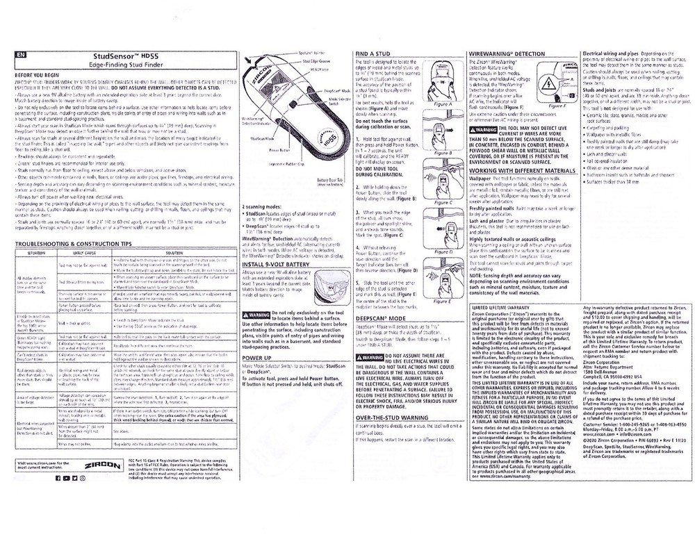 Zircon StudSensor HD55 Stud Finder Yellow LCD Digital StudScan DeepScan Wall