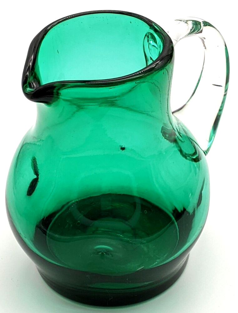 Hand Blown Green Pinched Art Glass Pitcher Applied Clear Handle