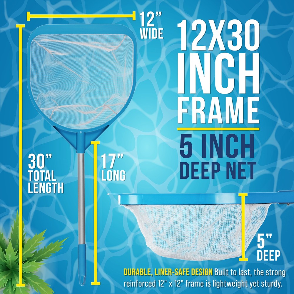 30" Handheld Fine Mesh Pool Skimmer Net - 17" Handle, Deep Leaf Netting