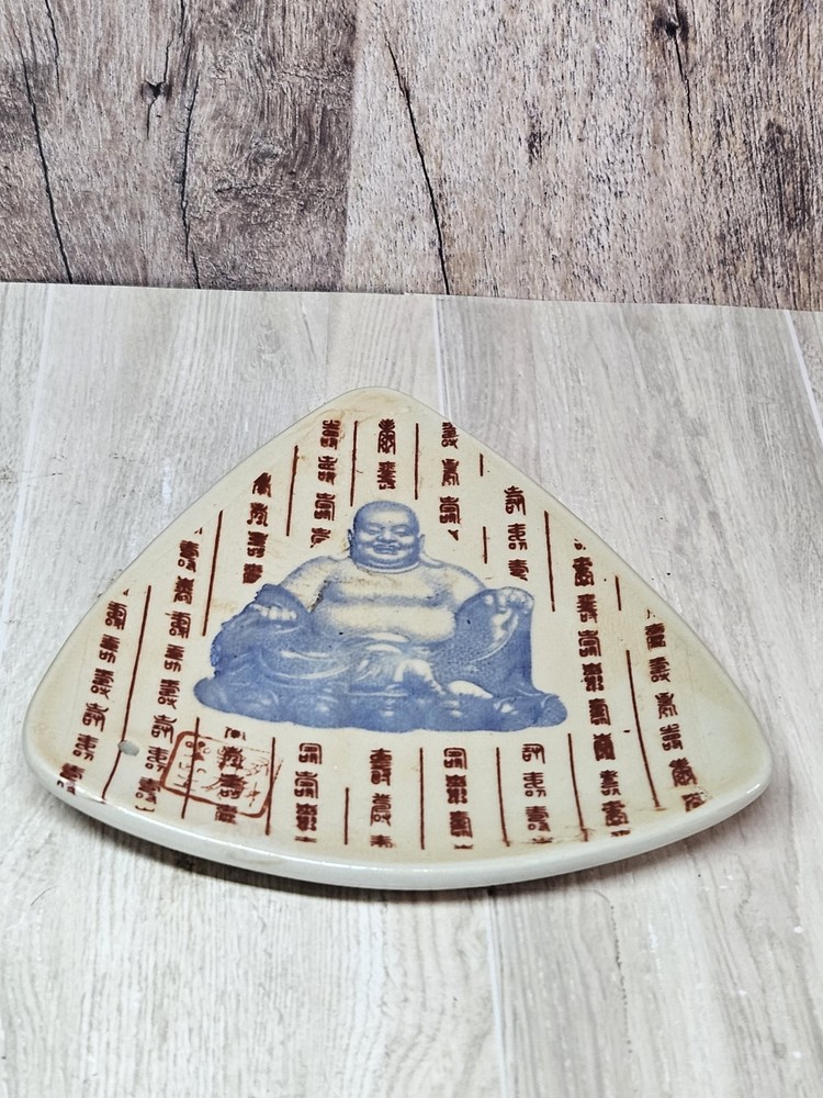Ceramic Buddha Incense Burner Holder Triangular Asian Script Blue Red Wall...
