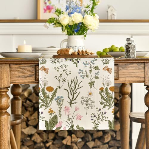 Wildflowers Floral Spring Table Runner, 13" x 36", Table Runner Beige