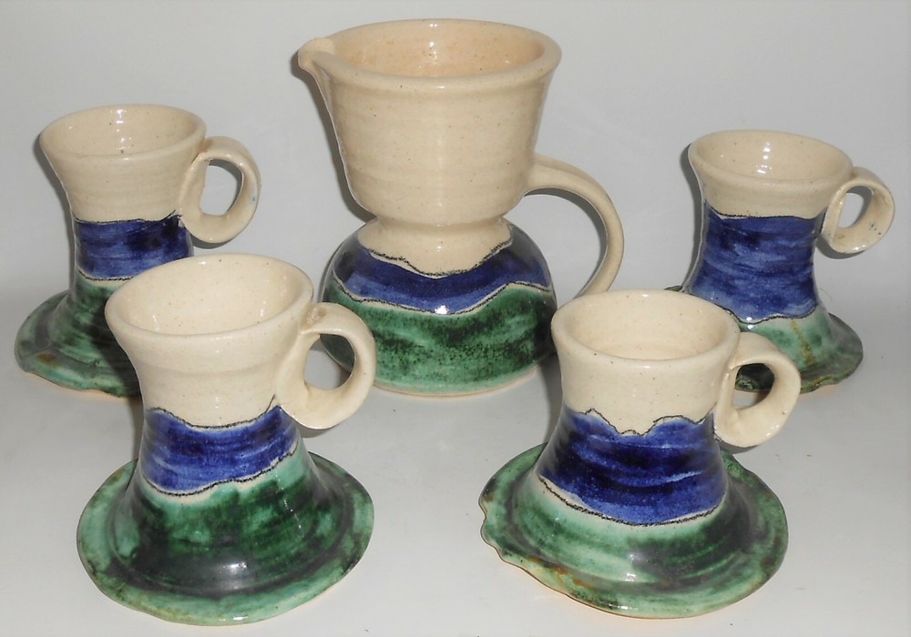 Hendry Studio Pottery Wheel Thrown Pitcher & 4 Mug Set