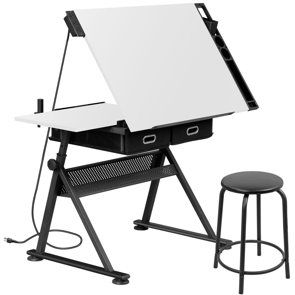 Adjustable Drafting Table Tilting Drawing Desk w/Charging Station & Stool White