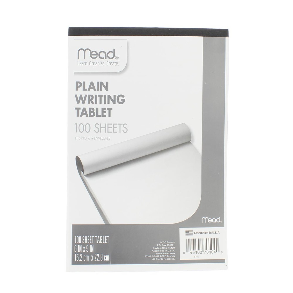 5 Pack Mead Writing Tablet, 6in X 9in, 100 Sheets, Plain