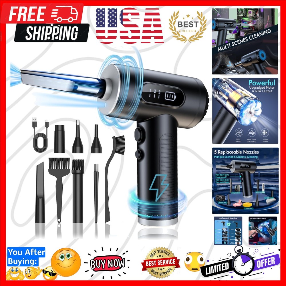 Electric Compressed Air Duster, 3-Gear Dust Blower for Computers Cordless PC ...