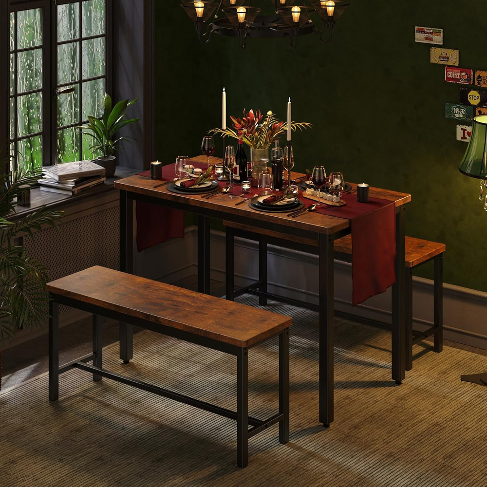 Compact 3-Piece Dining Table Set for 4 with Benches - Space-Saving Design