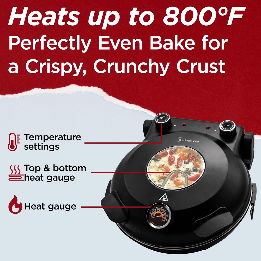 CULINARY CHEF Electric Pizza Oven with Ceramic Stone, Viewing Window, Adjustable