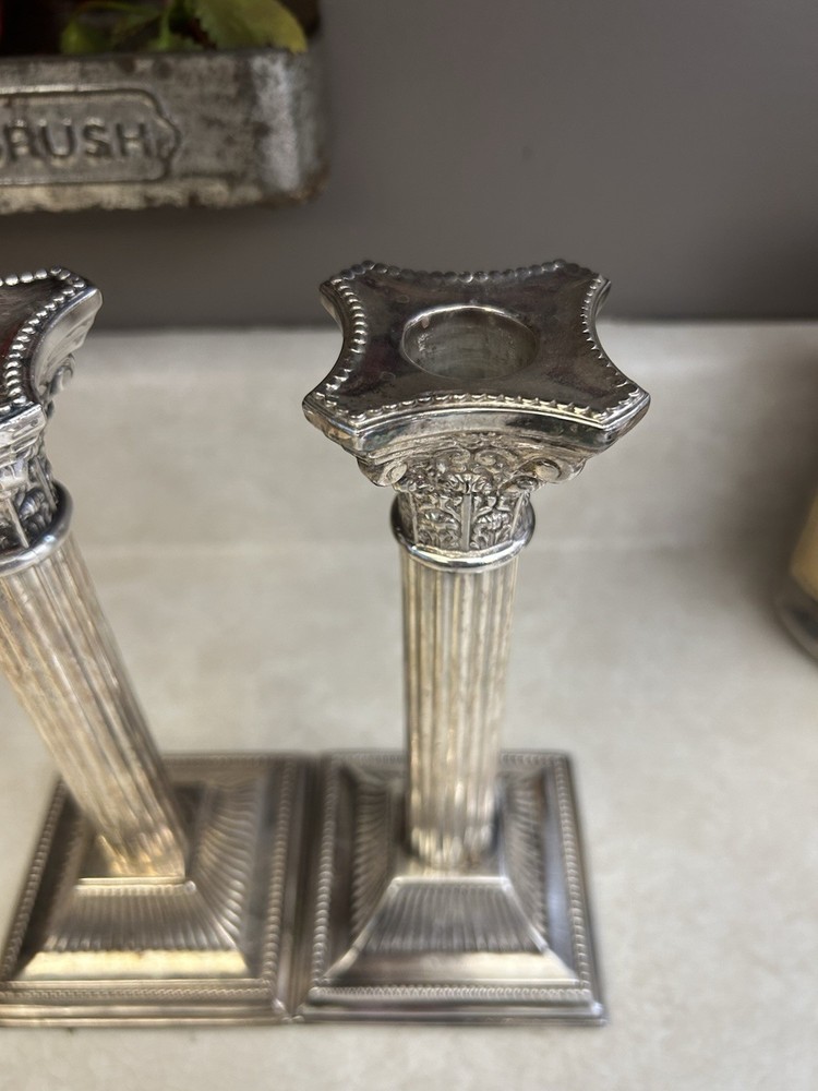 Antique Silver Plated Neoclassical Corinthian Column Taper Candlestick Pair