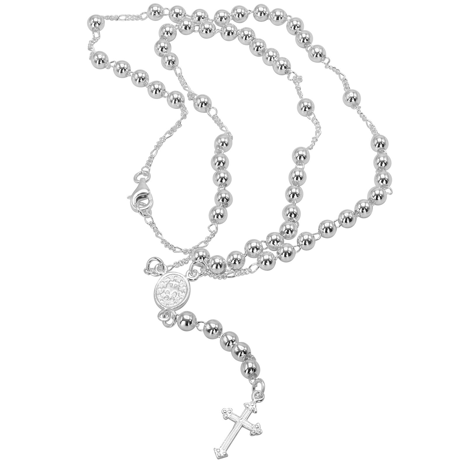 925 Sterling Silver Rosary Necklace 20” Prayer Chain 4mm Beads Cross Medal Mary