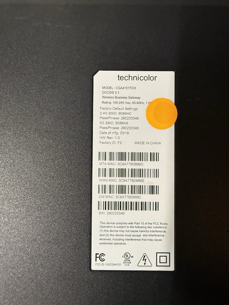 Technicolor Router Wireless Gateway Model CGA4131TCH