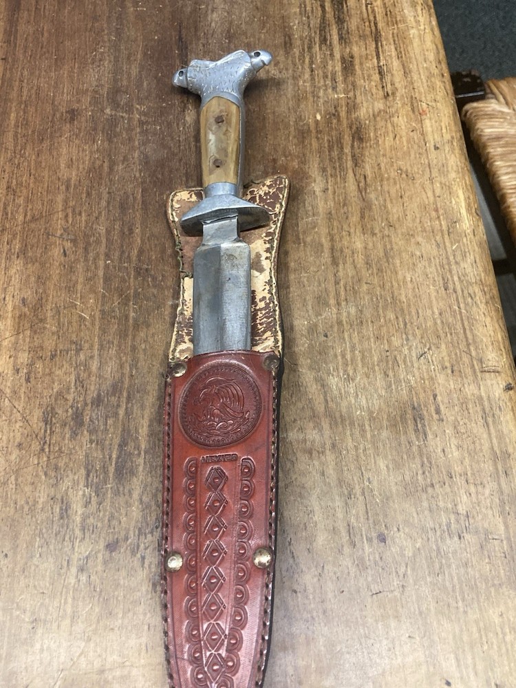 Vintage Hand Engraved Double Eagle Head Silver Mexico Dagger