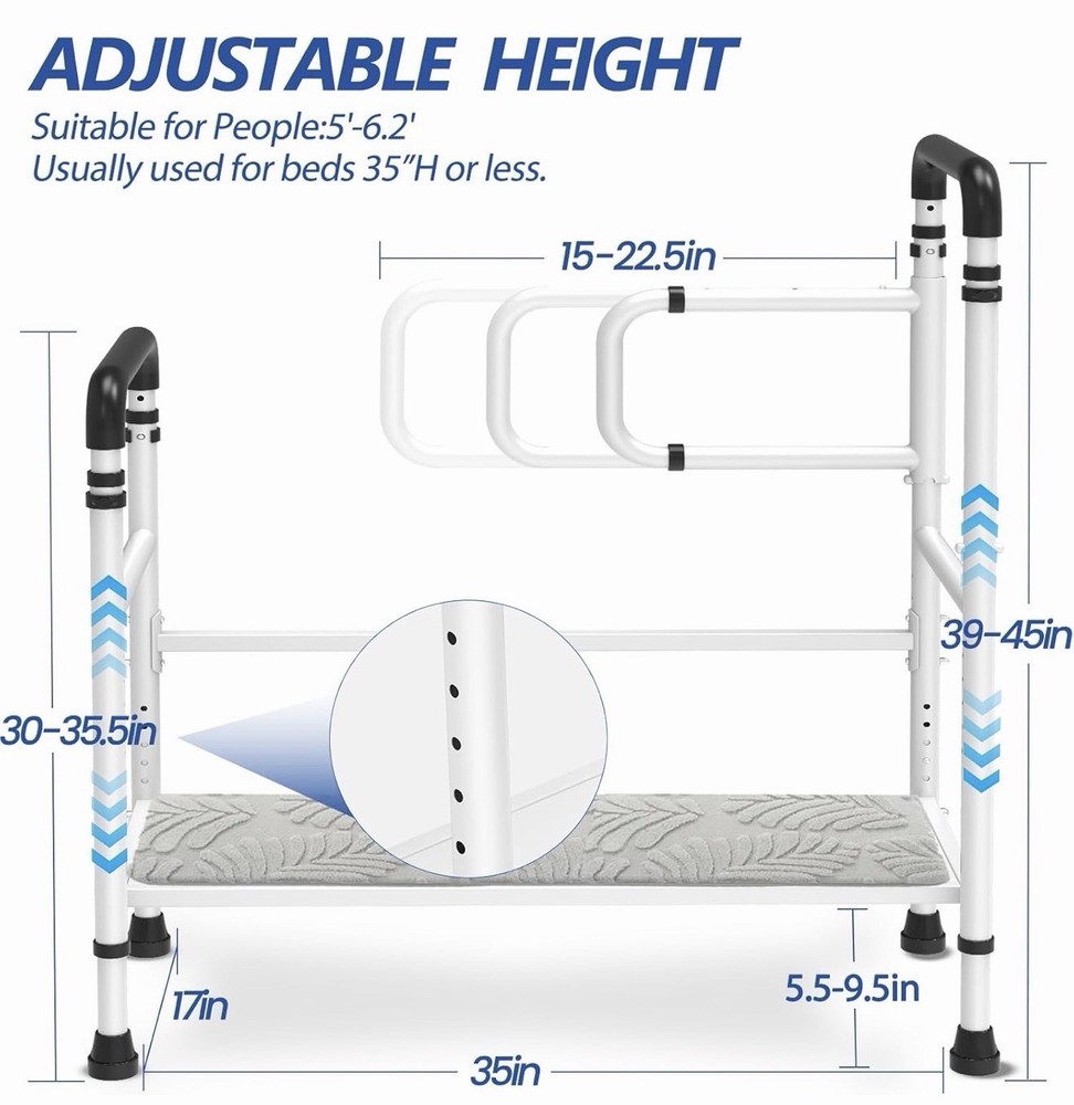 Bed Step Stool for the Elderly/High Beds, Adjustable, LED Light, 800lb Capacity