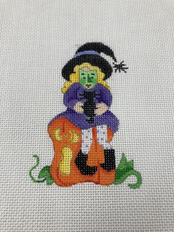 Katie Did 9" Hand Painted Needlepoint Witch on Pumpkin Cat Canvas Pattern
