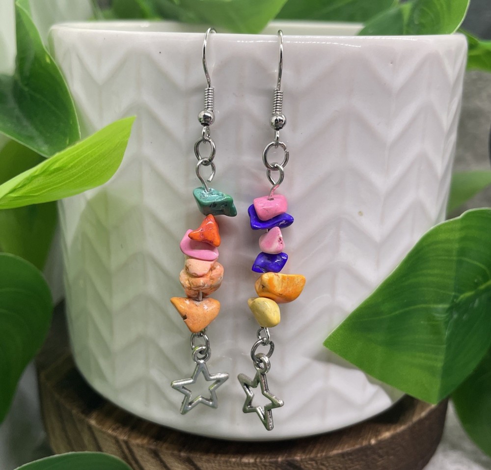 2.25” Earring Set Silver-tone Boho Stone Chips Dangle Drop New Star B7333